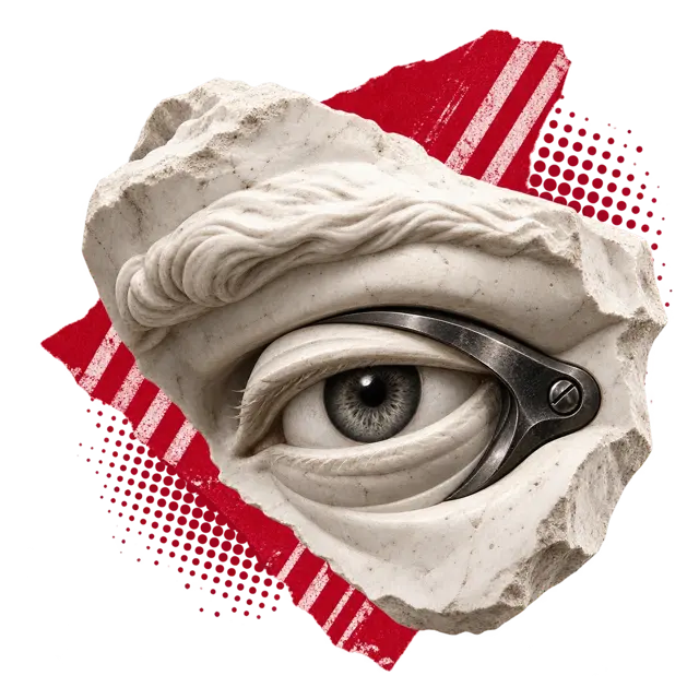 Skulpturales Auge aus hellem Stein mit dunklem Metall und roter Collage